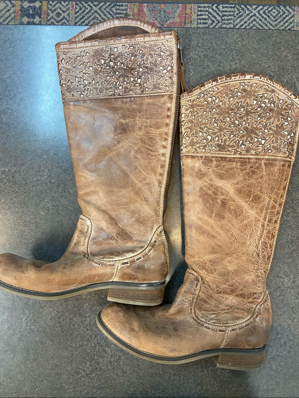 Women's Brown Embossed Leather Lace-Up Mid-Calf Boots
